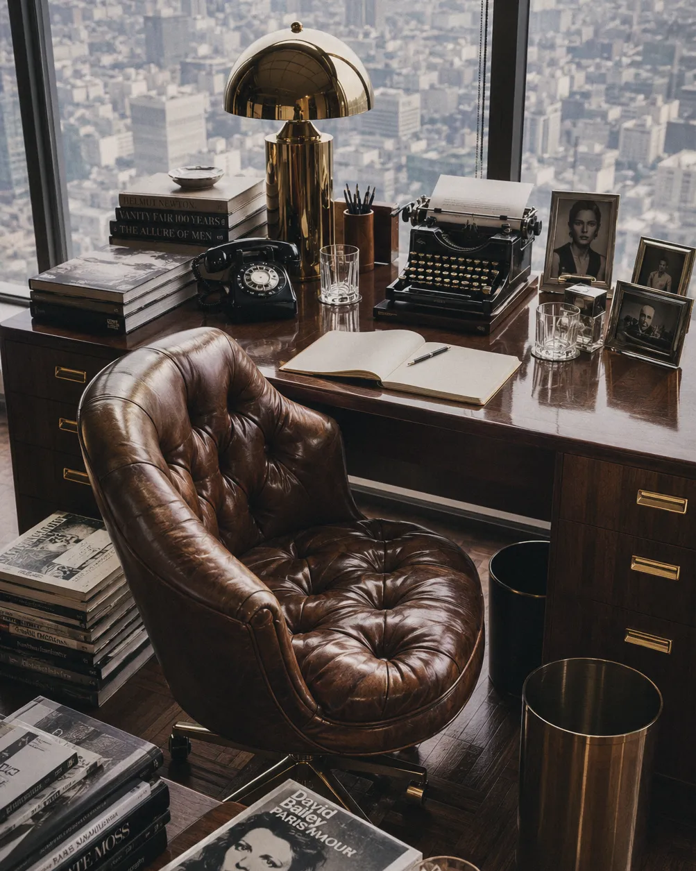 Bureau de publicitaire vintage : machine à écrire, téléphone à cadran, livres et fauteuil en cuir