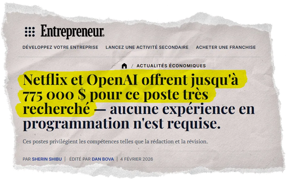 Entrepreneur : « Netflix et OpenAI offrent jusqu'à 775 000 $ pour ce poste très recherché, aucune expérience en programmation n'est requise. »