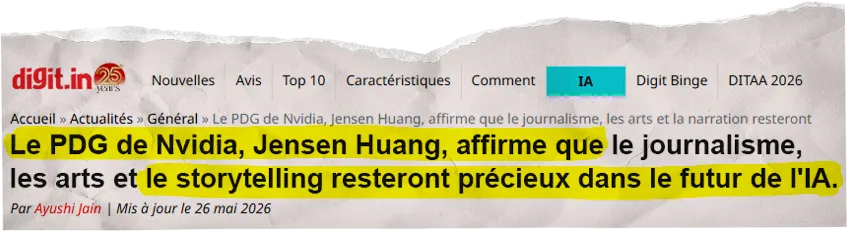 di9it.in : « Le PDG de Nvidia, Jensen Huang, affirme que le journalisme, les arts et le storytelling resteront précieux dans le futur de l'IA. »