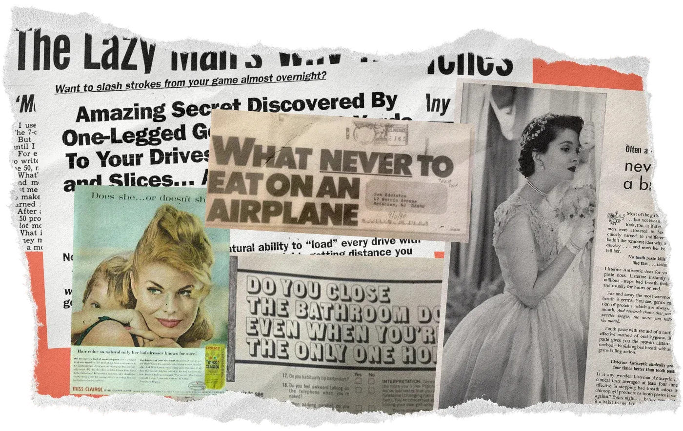 Un collage des annonces d'époque étudiées dans le document : The Lazy Man's Way to Riches, Miss Clairol, Listerine, What Never to Eat on an Airplane