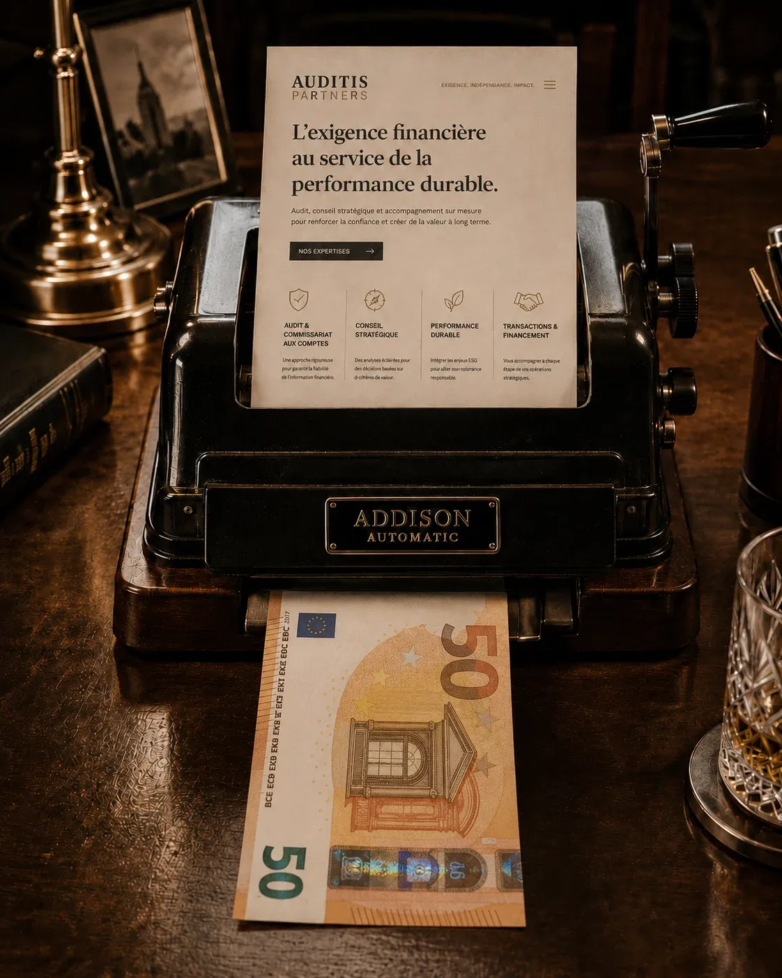 Une machine de bureau ancienne : une page de site corporate entre par le haut, un billet de cinquante euros sort par le bas